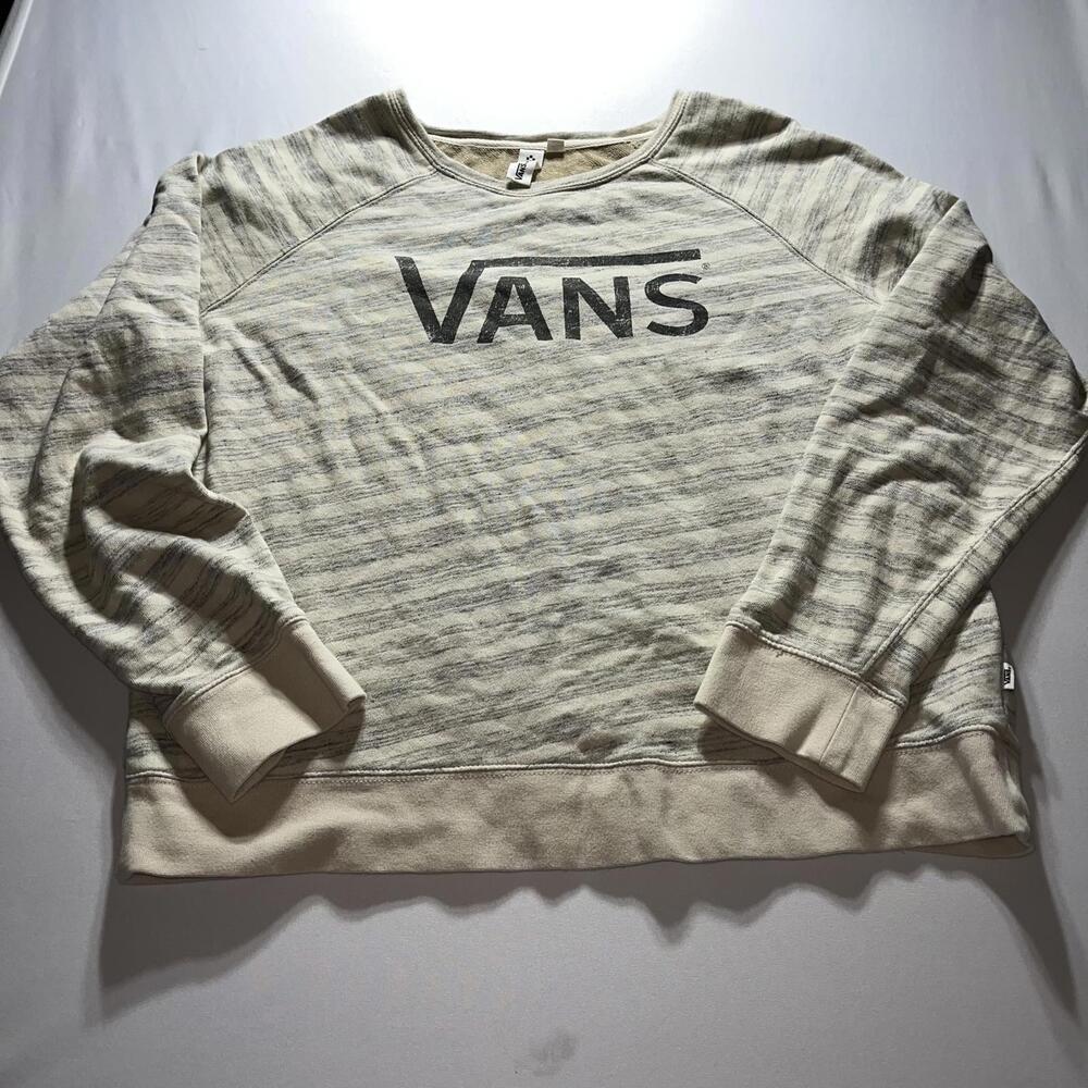 Vans Sweatshirt Women’s Size XL Cream Gray Striped Crewneck Long Sleeve